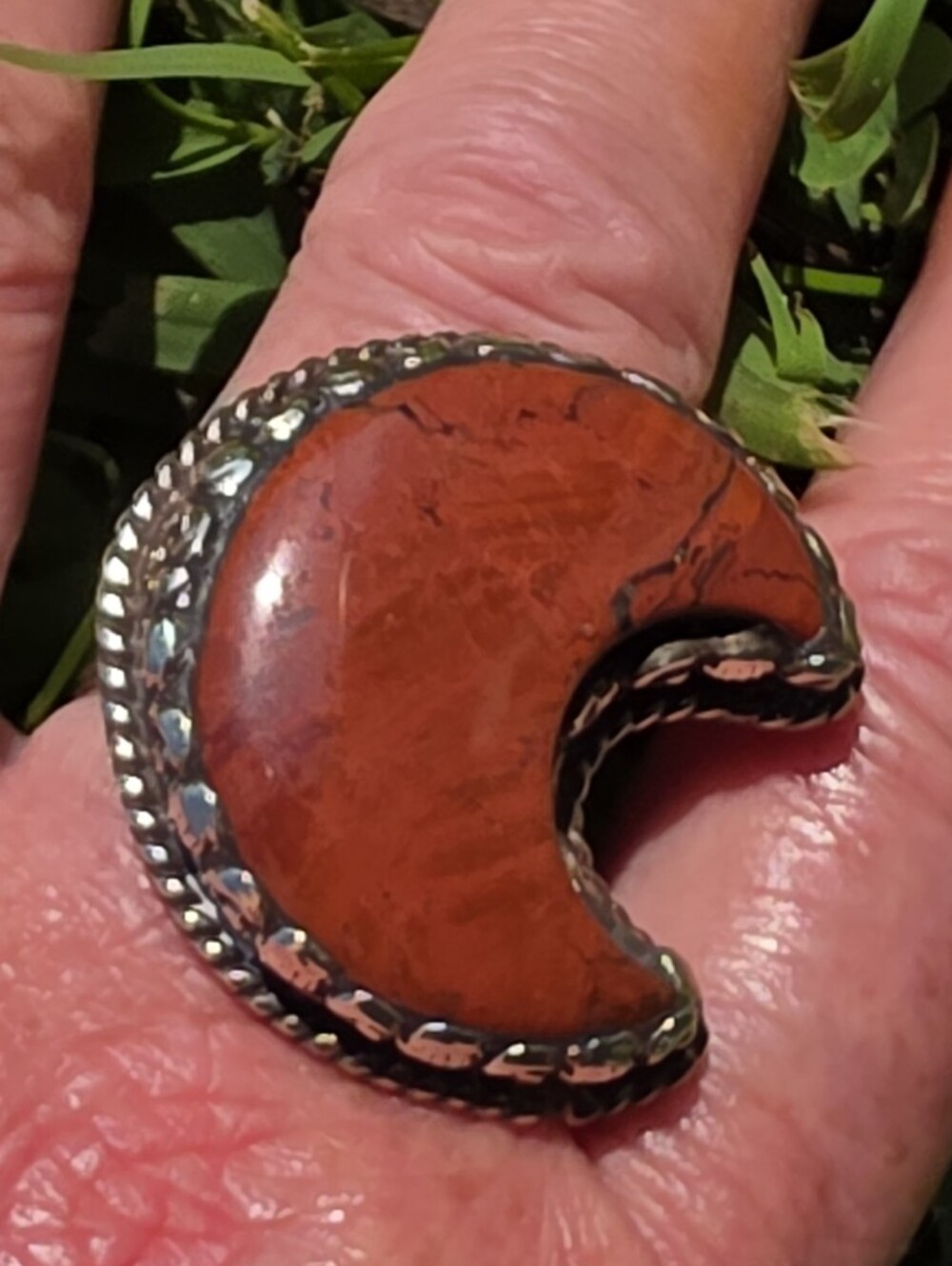 Red Jasper Crescent Moon Gemstone Ring In Carved Tibetan Silver (Adjustable)